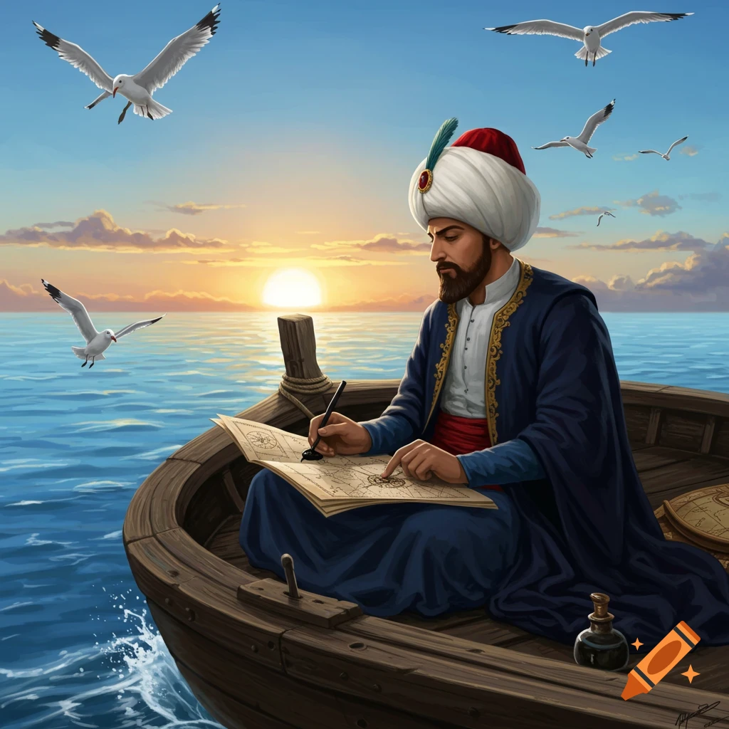 Piri Reis, a bearded man in historical Ottoman attire, sits in a wooden sailboat, drawing on a map at sunset with seagulls flying above.