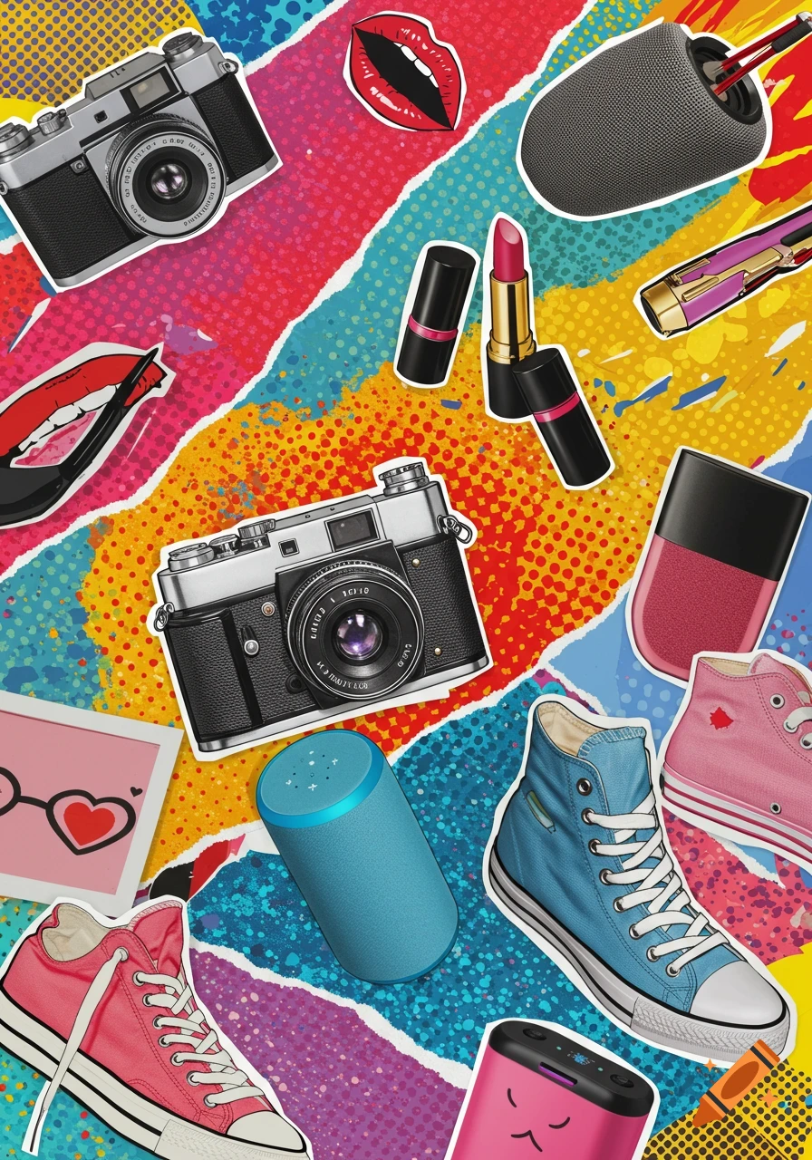 A vibrant pop art collage features items like retro cameras, lipstick, nail polish, different sneakers, and speakers on a colorful, patterned background with torn paper edges.