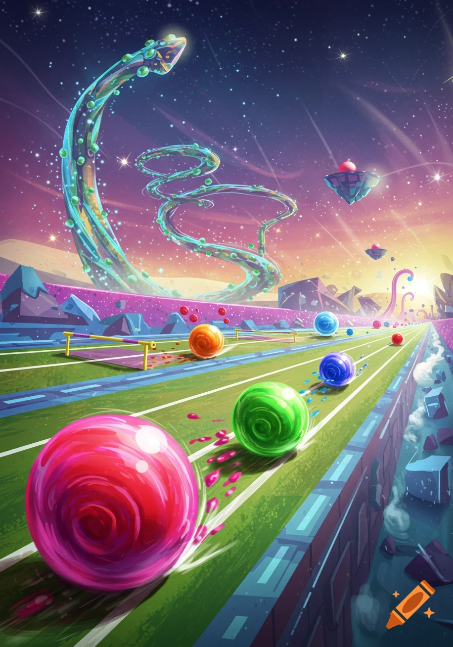Vibrant fantasy illustration of a marble race on a track, set in a cosmic landscape with glowing, alien structures.