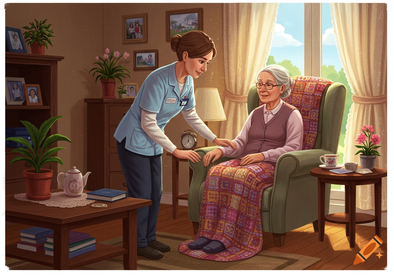 A support worker in blue assists an elderly woman in a cozy armchair within a home, rendered in a warm, detailed digital illustration style.
