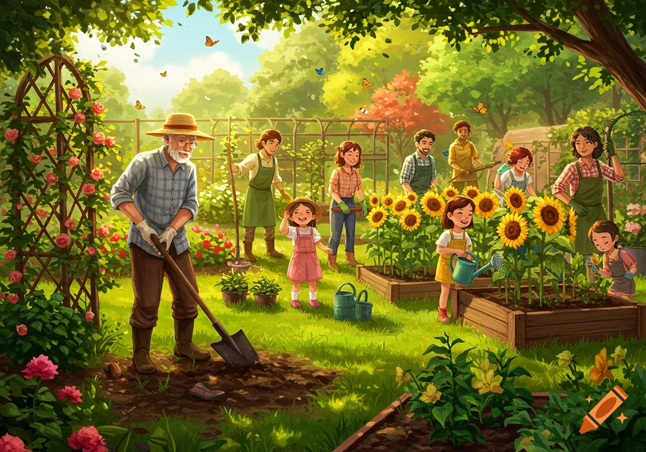 An illustrated scene of a diverse group of adults and children happily gardening, tending to sunflowers and roses in a lush, sunny garden.