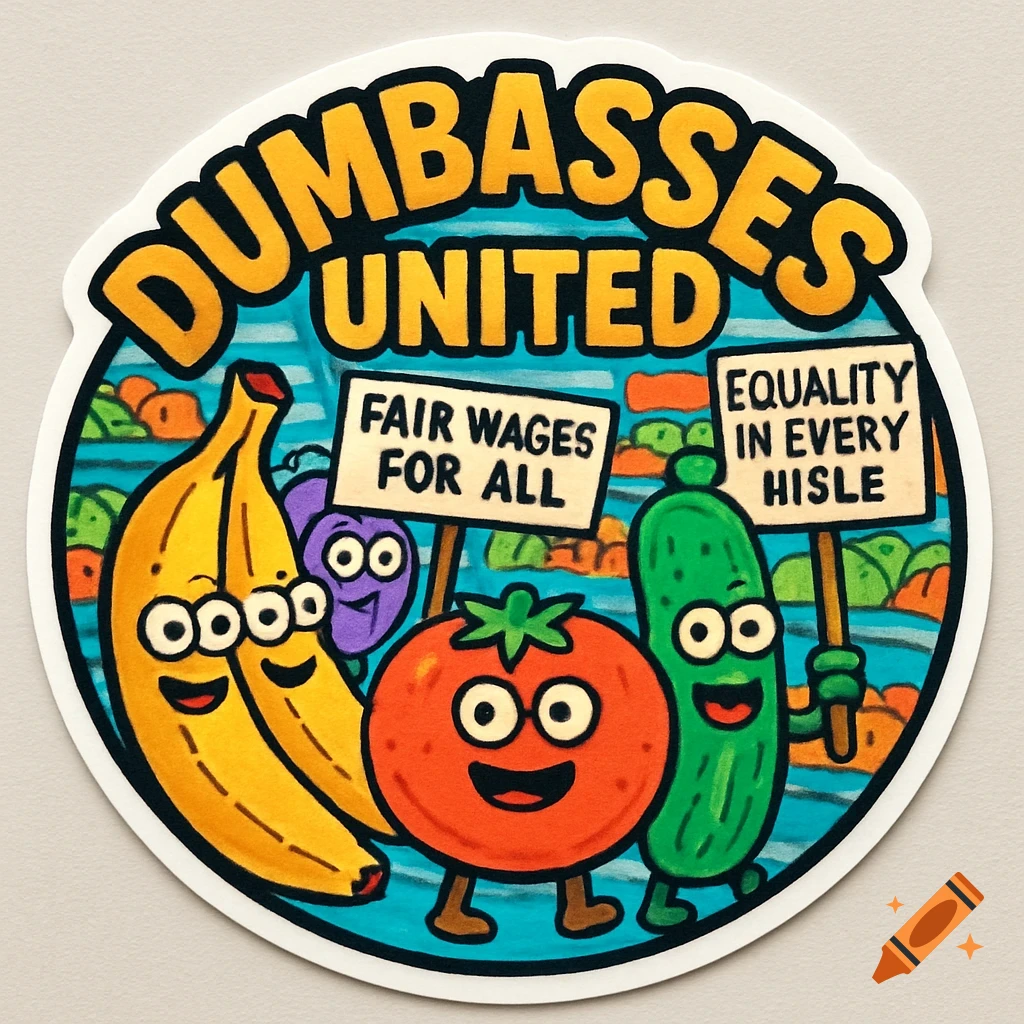 A cartoon sticker of a banana, plum, tomato, and cucumber protesting. Text reads "DUMBASSES UNITED," "FAIR WAGES FOR ALL," and "EQUALITY IN EVERY HISLE."