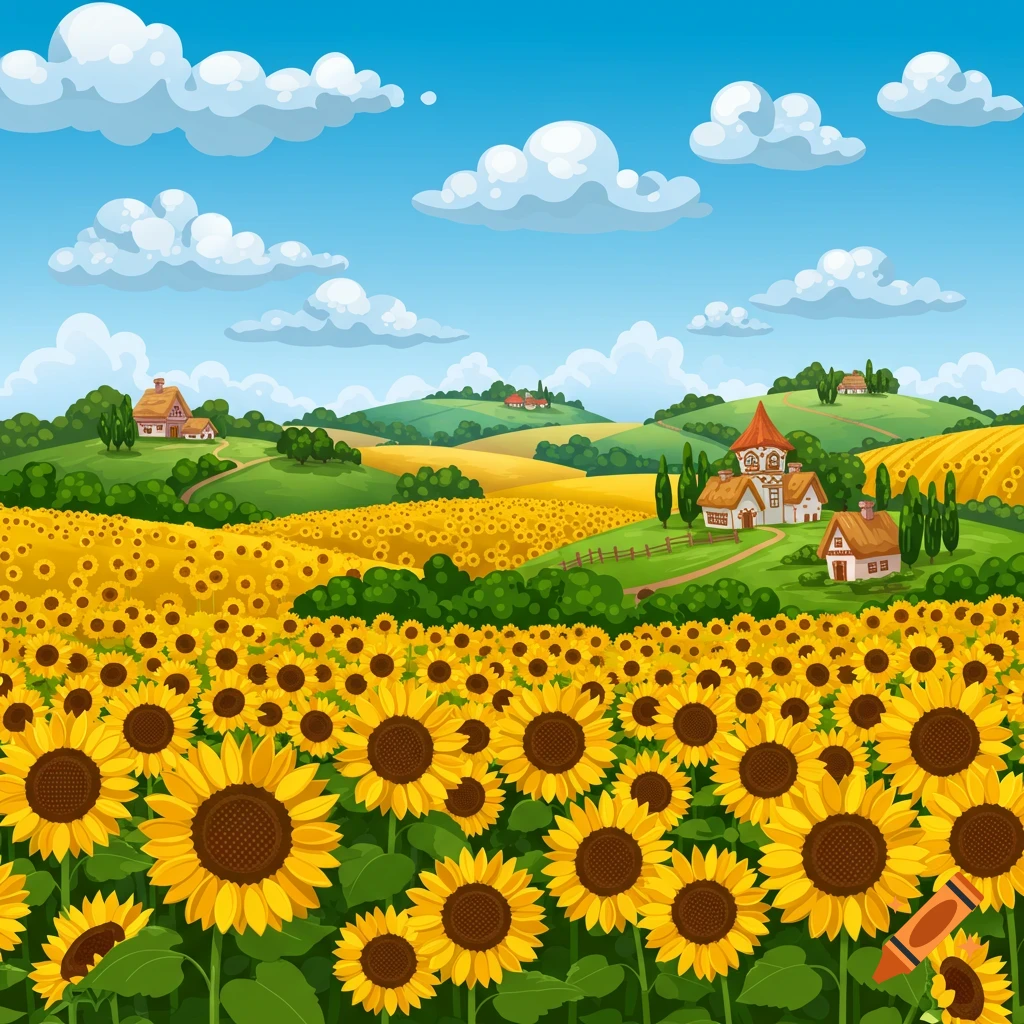 A vibrant cartoon landscape features rolling green hills with houses and extensive fields of bright yellow sunflowers under a blue sky with fluffy clouds.