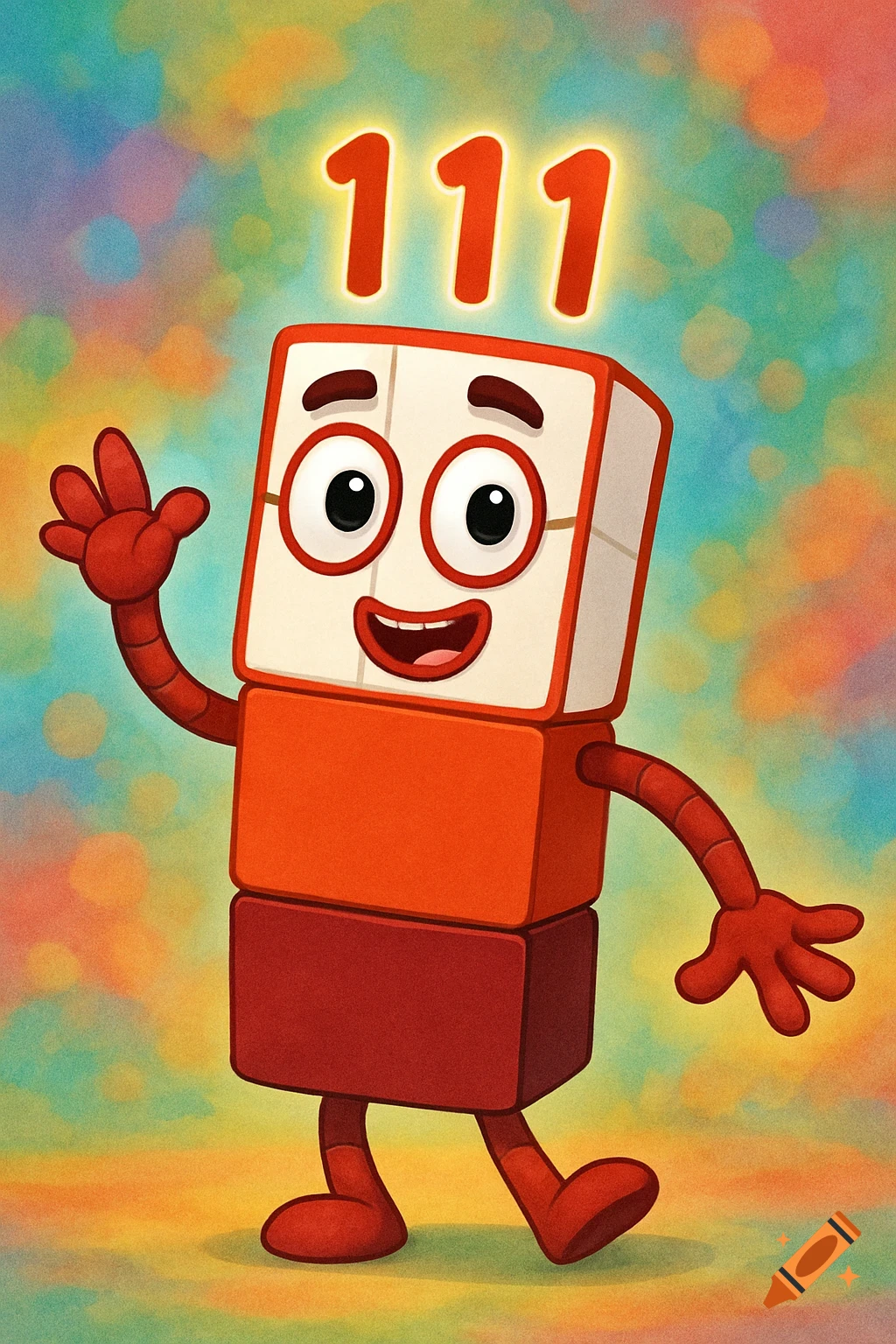 A friendly cartoon block character, made of red and white blocks, smiles and waves with '111' floating above its head on a colorful background.