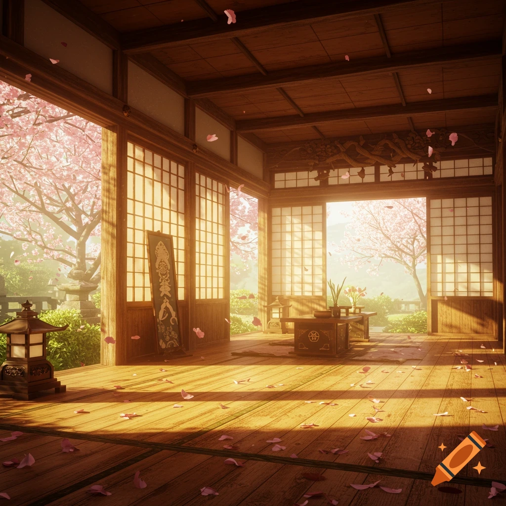 A serene Japanese room with shoji screens open to a garden with cherry blossom trees and falling petals, bathed in warm sunlight.
