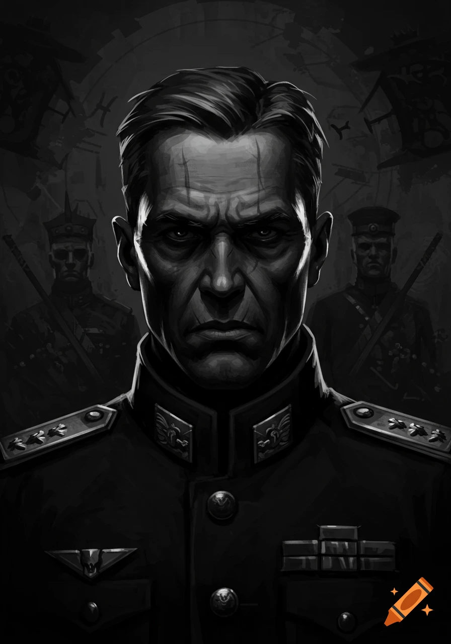 A stern, scarred military commander in a dark uniform, rendered in a grayscale stylized portrait with soldiers and abstract elements in the background.
