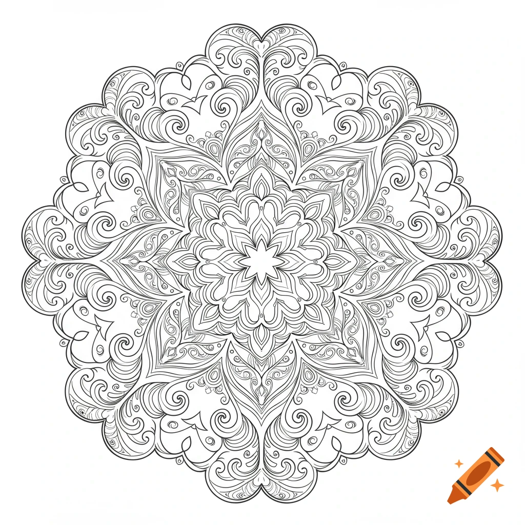 A detailed black and white star mandala coloring page with intricate swirling patterns.