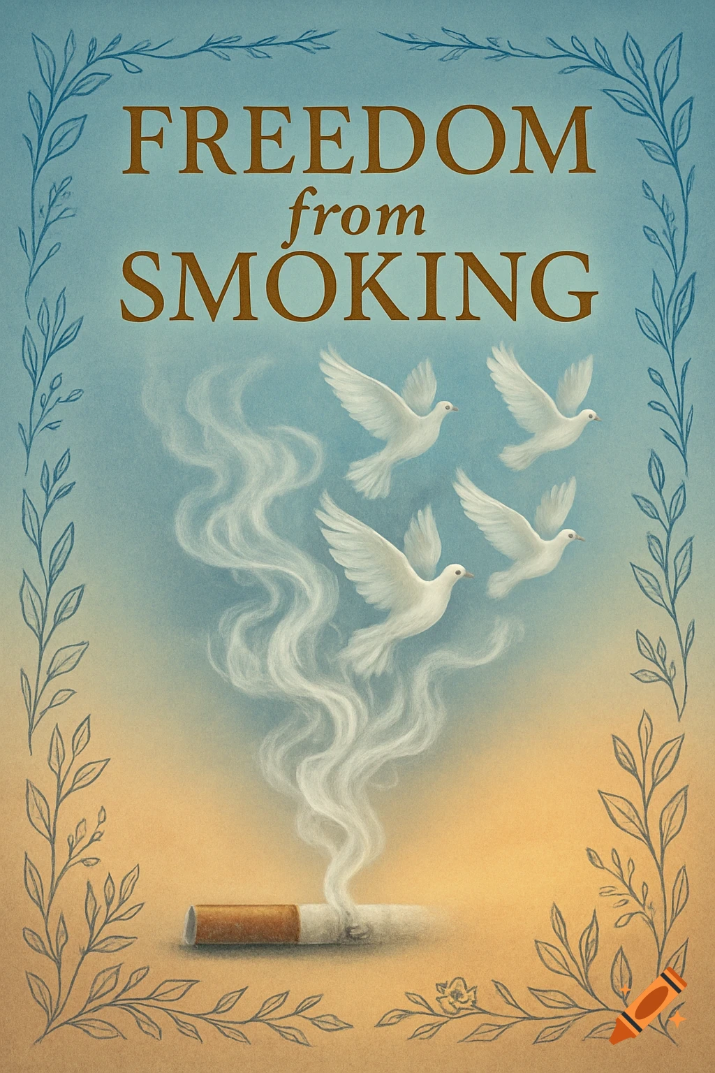Illustration of a cigarette turning into flying white doves, with the text 'FREEDOM from SMOKING', framed by leaves.