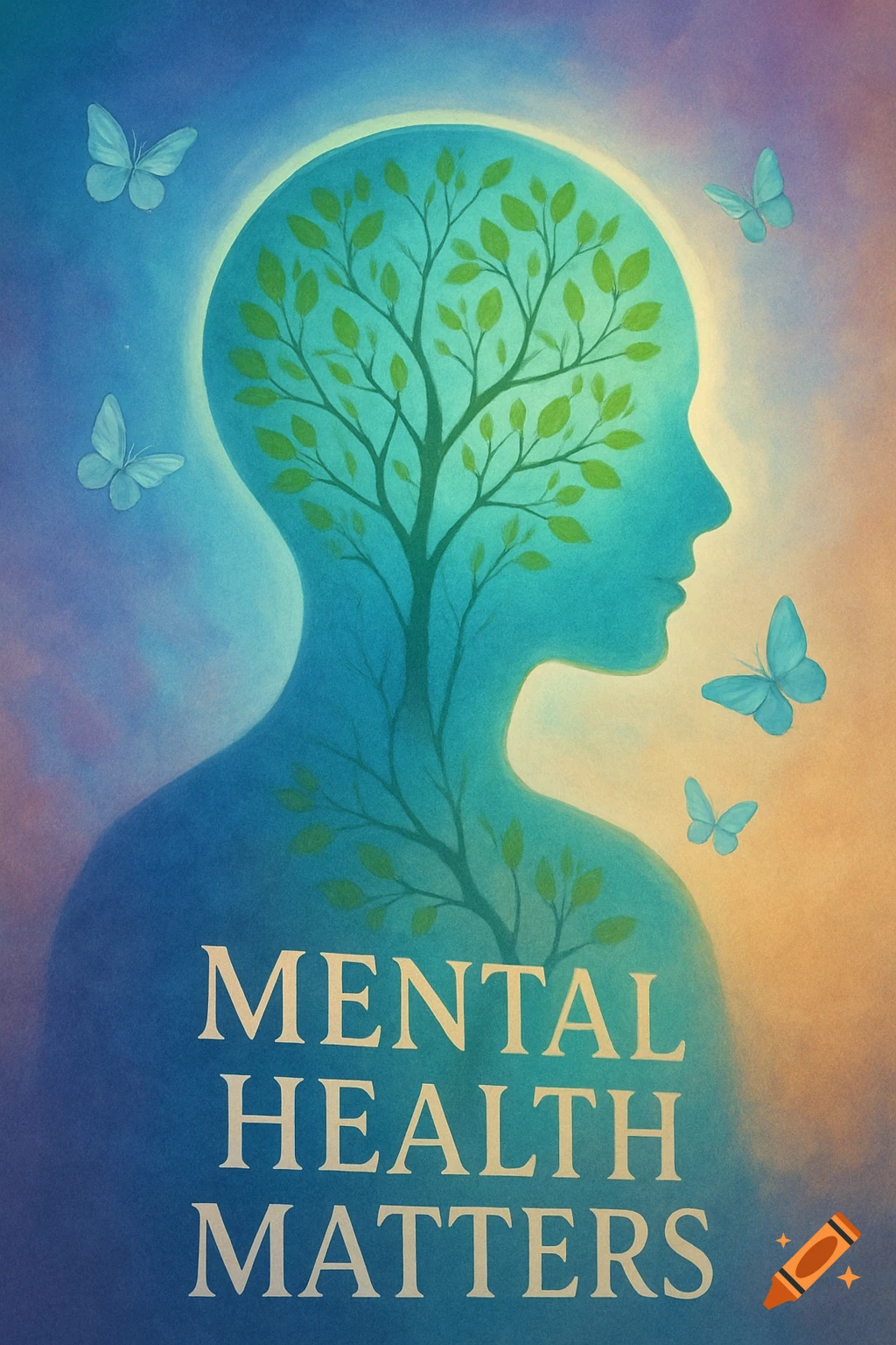 A blue silhouette of a person's head with a green tree growing inside and butterflies around. Text reads: MENTAL HEALTH MATTERS.