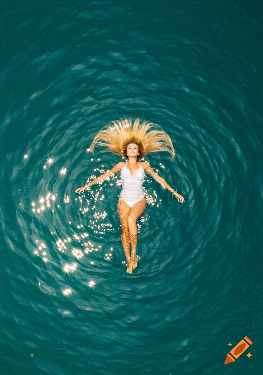 A blonde woman in a white swimsuit floats on her back in turquoise water, her hair fanned out, sparkling with sunlight.