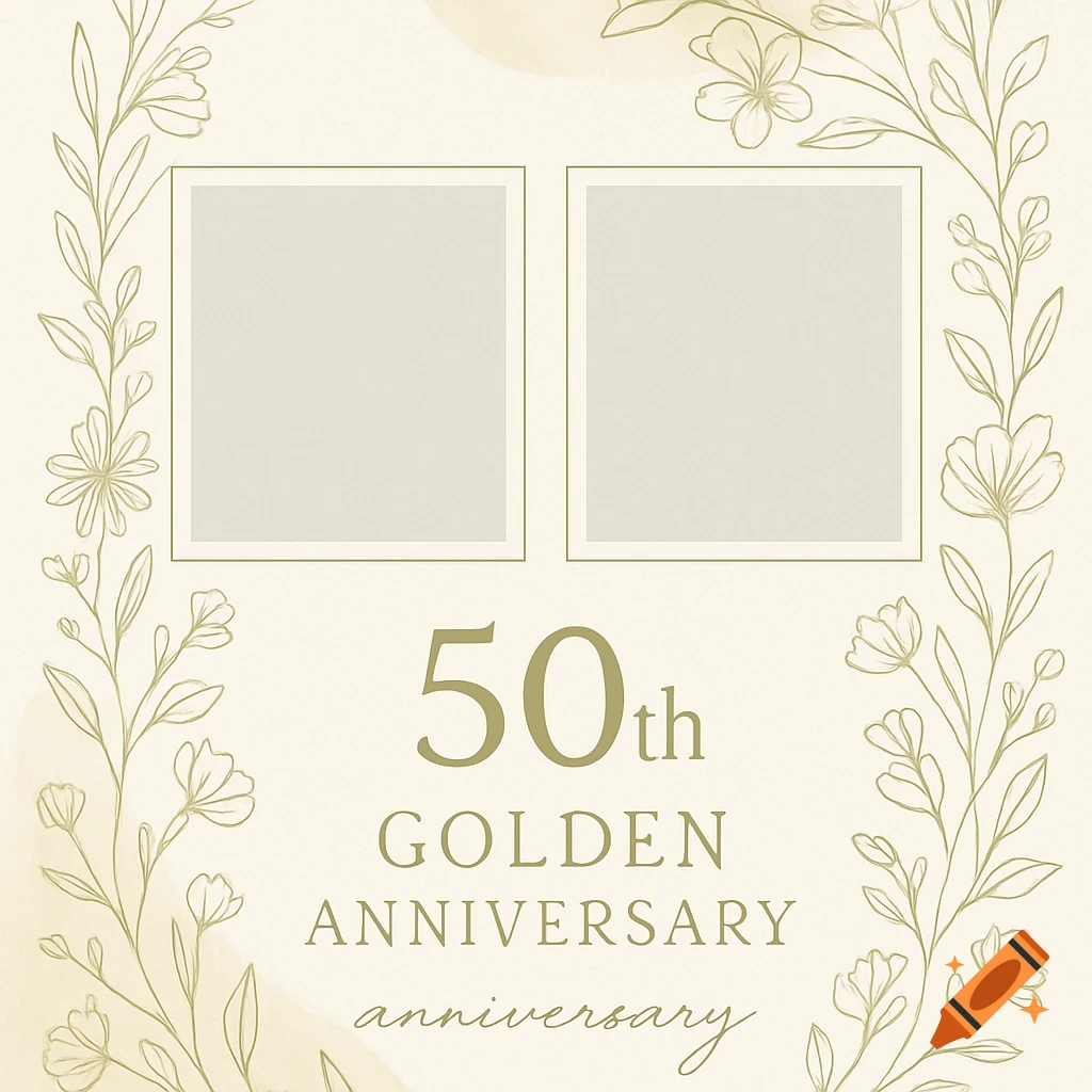 A golden wedding anniversary invitation design with floral borders, two photo placeholders, and text "50th Golden Anniversary".