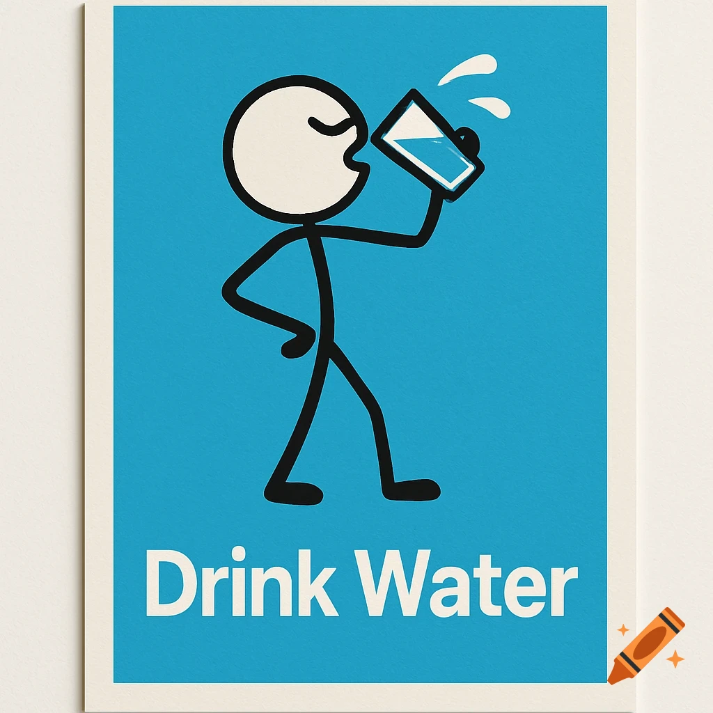 A minimalist poster with a stickman figure drinking water on a blue background, with the words 'Drink Water'.