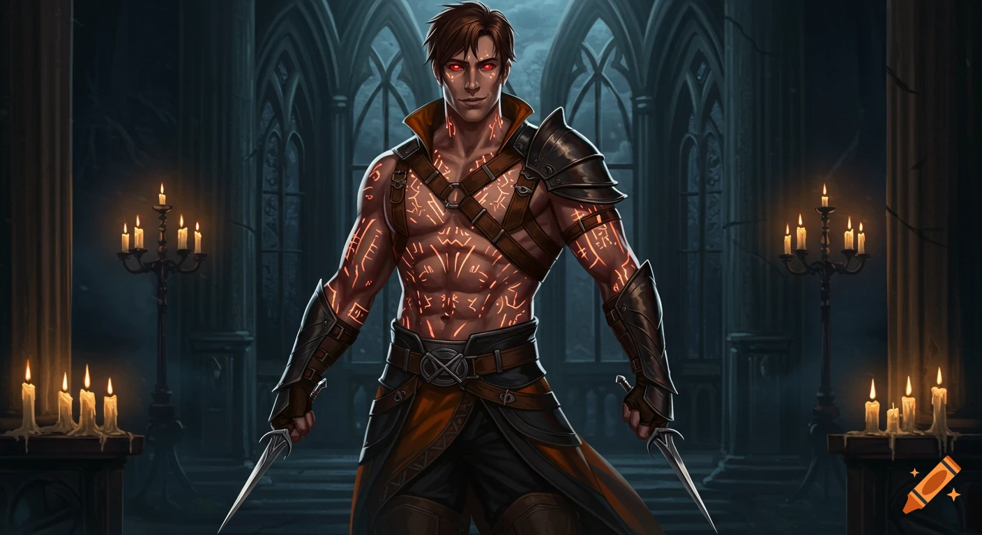 A handsome male assassin with glowing red eyes, glowing runic tattoos, and black and orange armor, holding daggers in a gothic, candle-lit room.