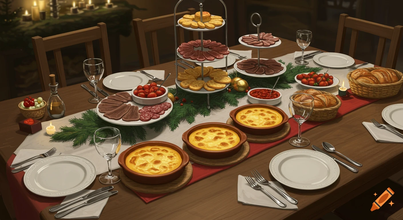 A festive Christmas dinner table laden with food, including baked casseroles, meats, crackers, bread, and berries, set with candles and tableware.