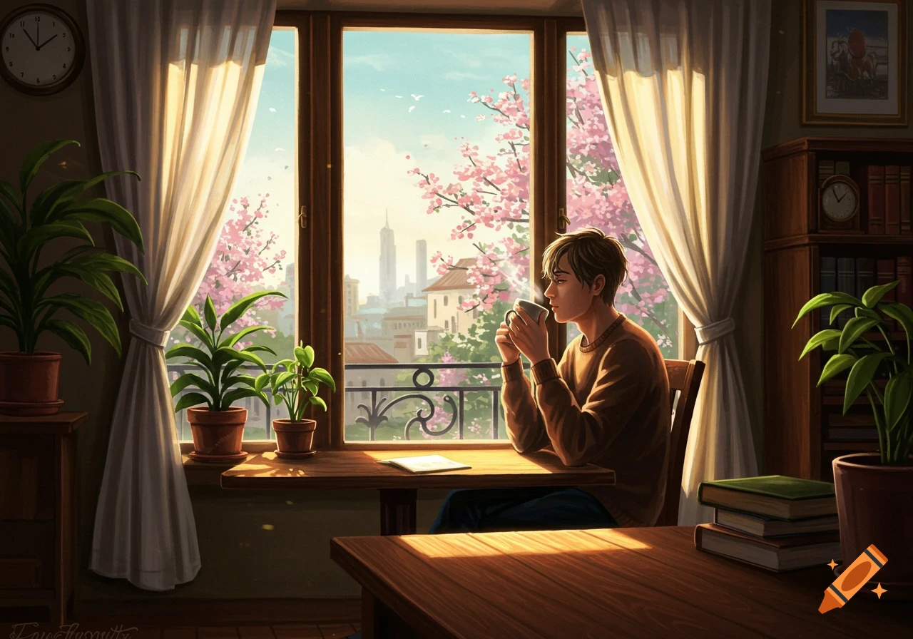 An illustrated young man sits at a window, drinking coffee, looking out at a city with pink cherry blossoms in bloom.