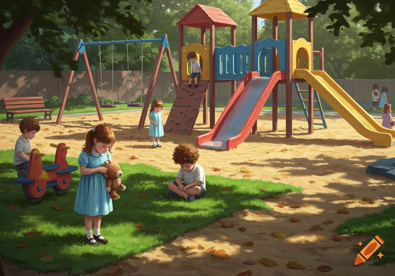 Illustration of several young children playing or sitting in a sunny playground with swings, slides, and sand.