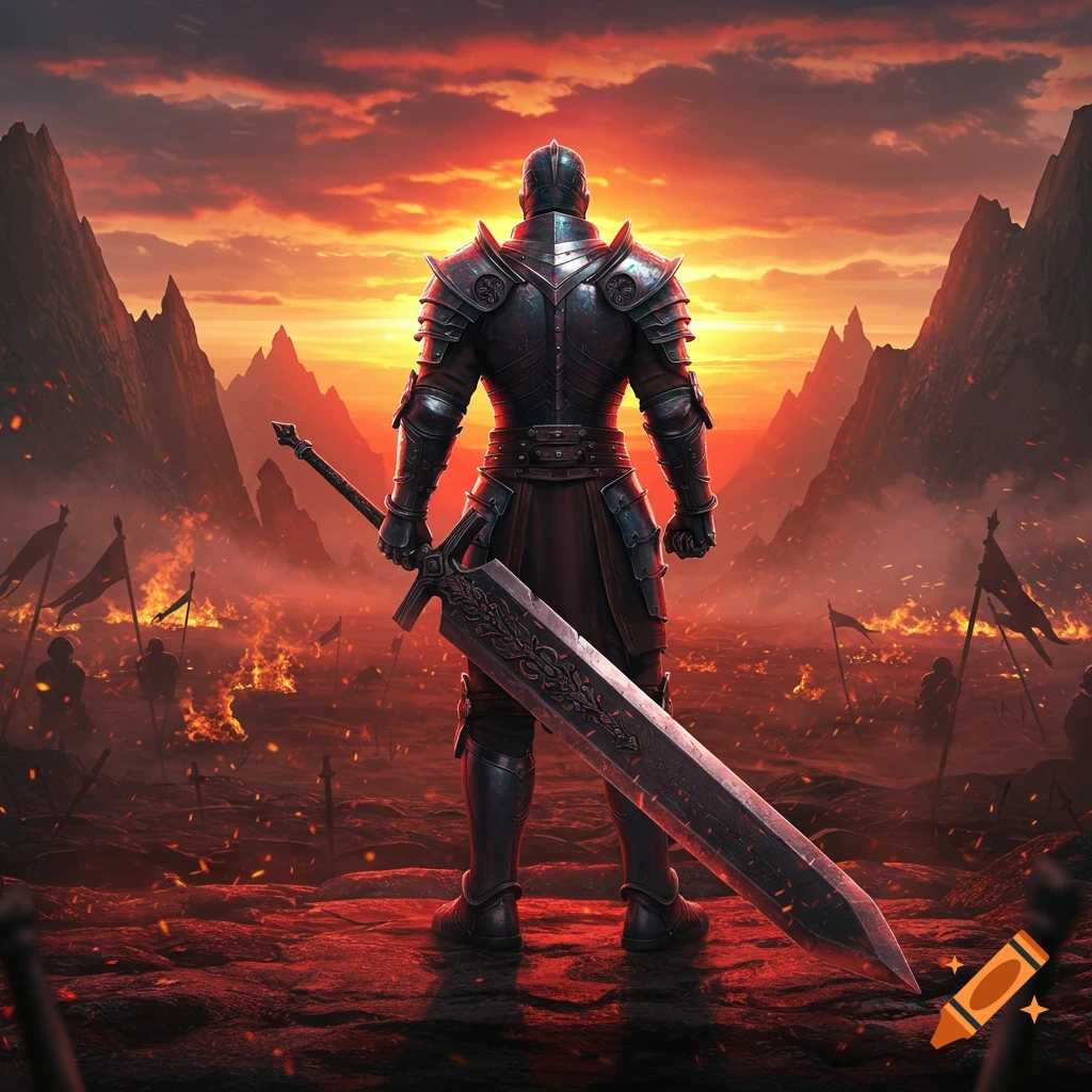 A knight in dark armor holding a huge sword stands on a fiery battlefield at sunset, with mountains in the background, in a gaming art style.