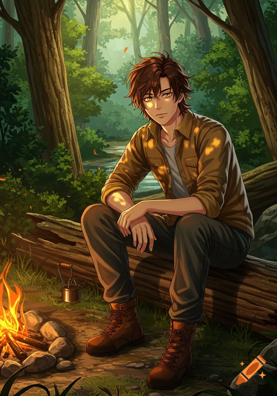 A young anime man with messy brown hair and yellow eyes sits on a log next to a campfire in a lush forest.