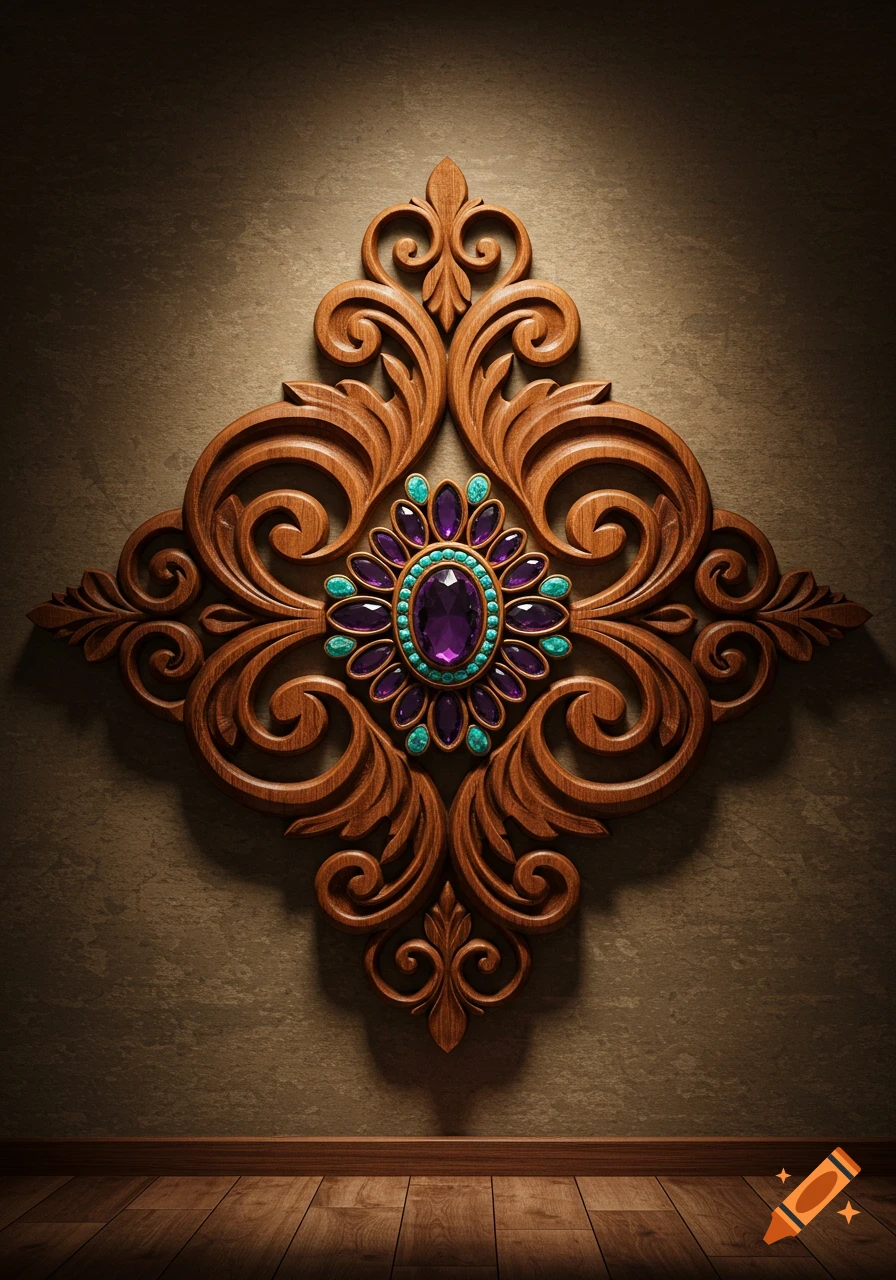 Intricate stylized wooden wall ornament with purple and turquoise gems on a dark textured wall and wooden floor.