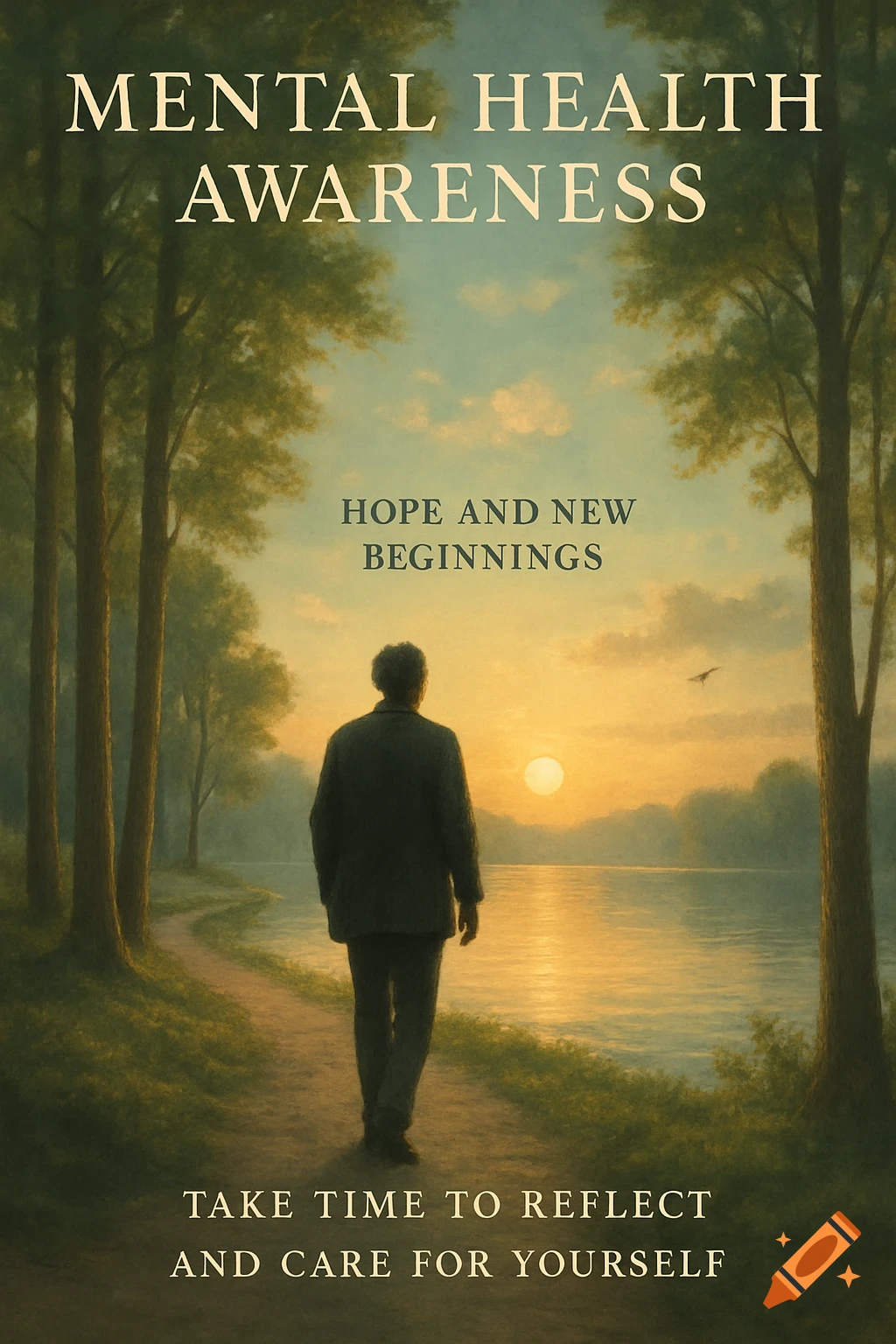 A serene painting of a person walking on a path beside a lake at sunset, with text for mental health awareness.