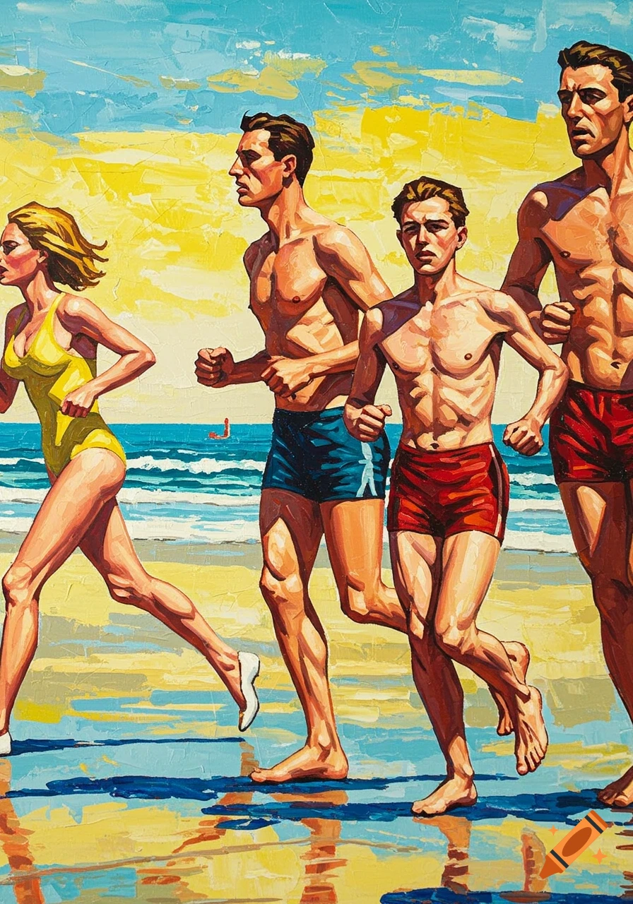 Pop art painting of four people, a woman in a yellow swimsuit and three men in swim trunks, running on a sandy beach with blue water and a yellow sky.