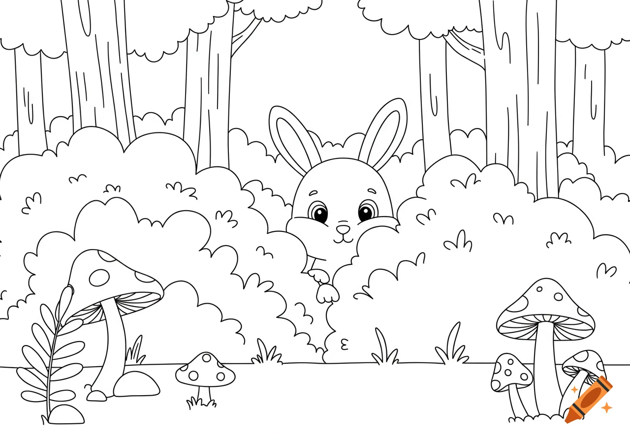 Black and white line art coloring page of a shy bunny peeking from bushes in a forest with mushrooms.