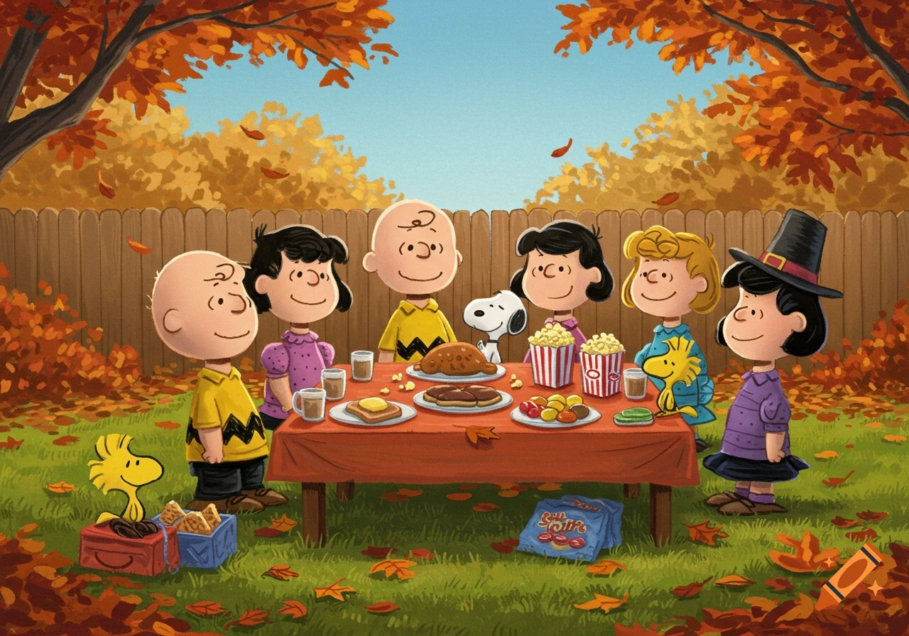 Cartoon Peanuts characters, including Charlie Brown, Snoopy, and Woodstock, gather around an outdoor Thanksgiving table with food and drinks amidst autumn leaves.