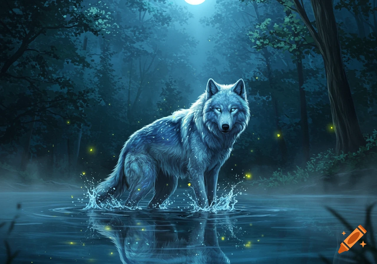 A majestic white wolf with glowing blue eyes stands in splashing water in a mystical, moonlit forest with fireflies, fantasy art.