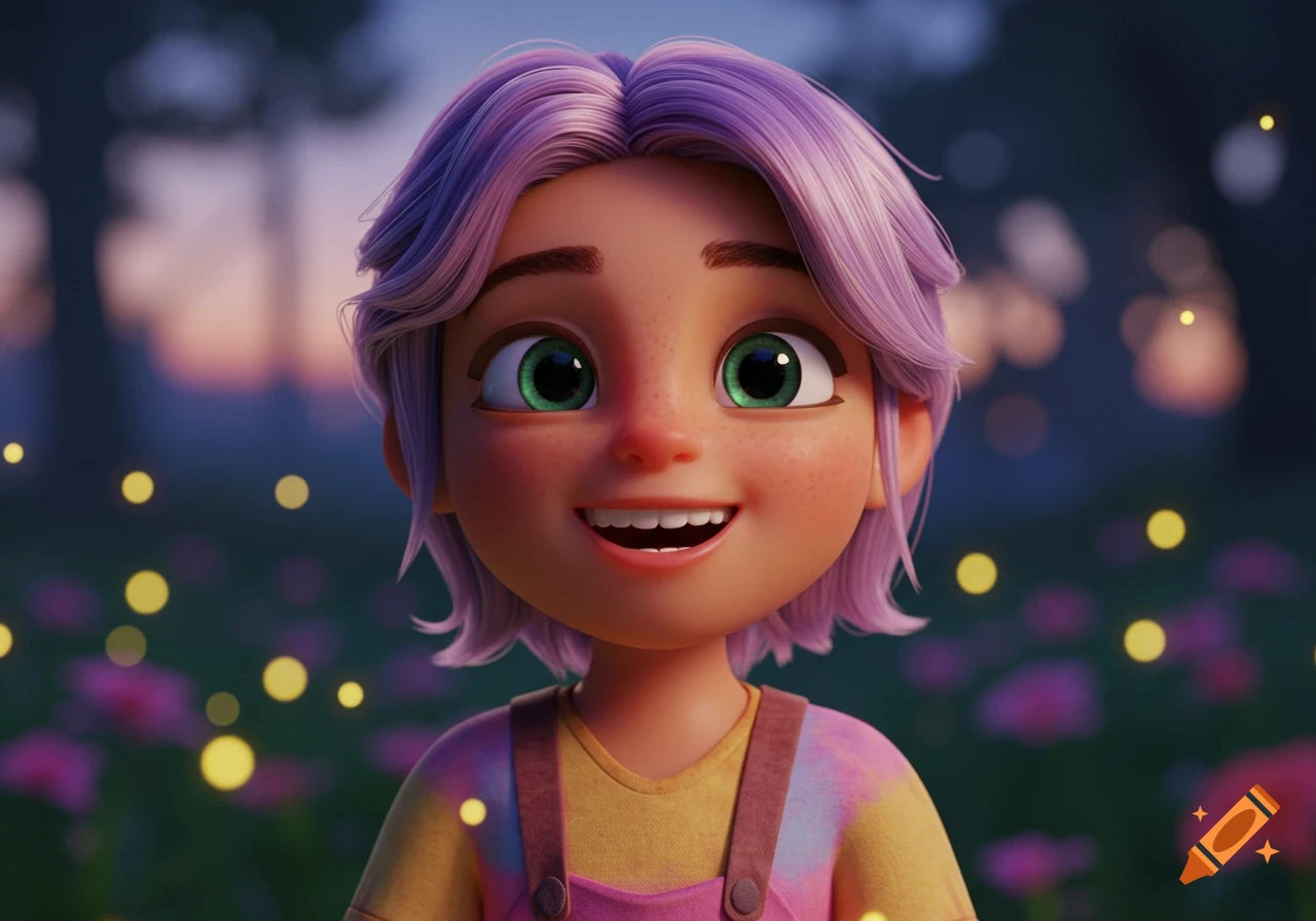 A smiling 3D animated child with purple hair, green eyes, and freckles, stands in a field illuminated by fireflies at dusk.