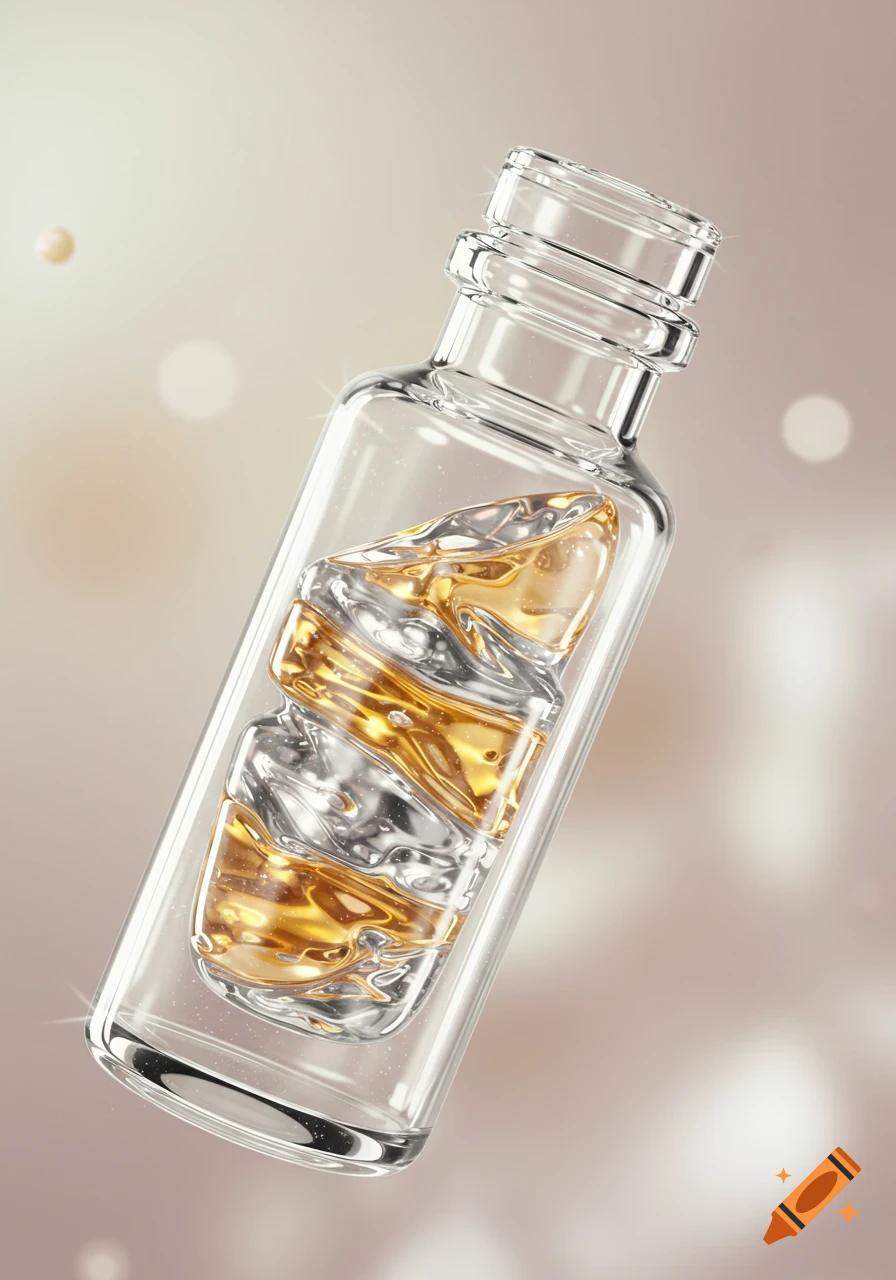 Close-up of a clear glass bottle with swirling golden and silver textured serum inside, on a blurred light background.