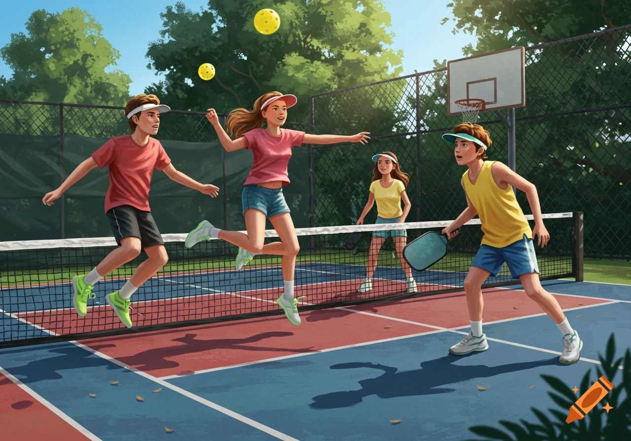 Illustration of four teenagers playing pickleball on an outdoor court under a sunny sky.