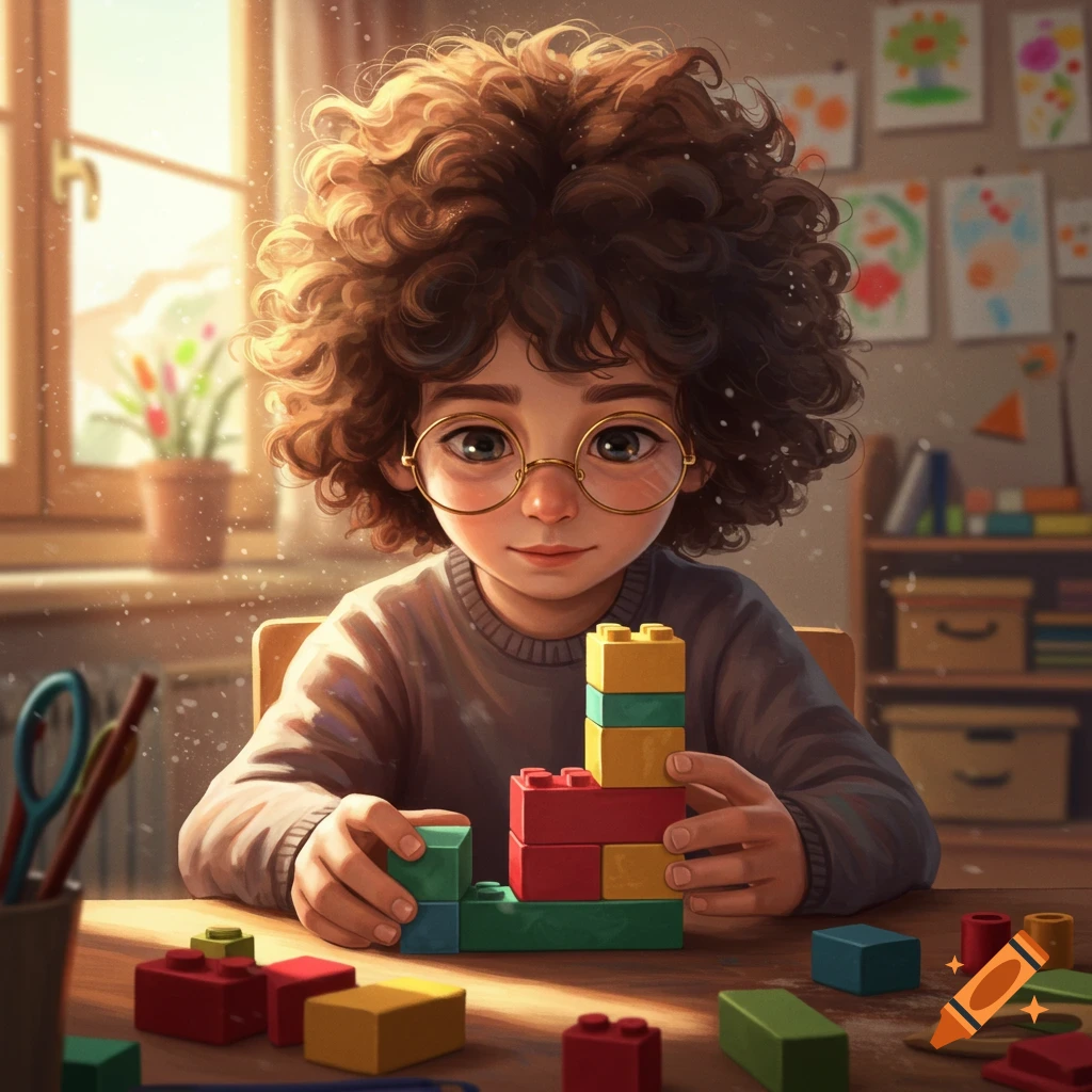 A stylized illustration of a boy with curly hair and glasses playing with colorful building blocks at a wooden table in a sunlit room.