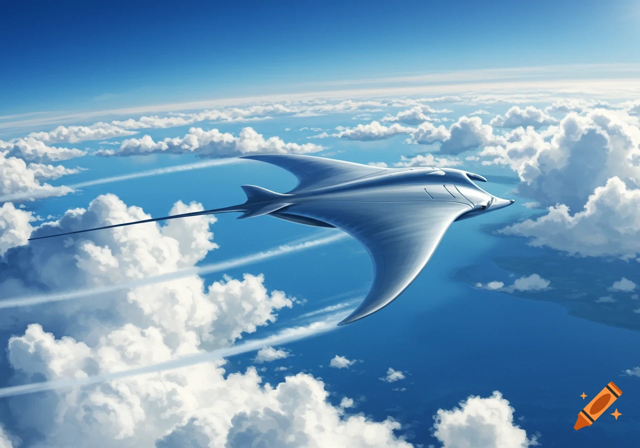 A sleek, metallic plane shaped like a manta ray glides through a bright blue sky above a layer of fluffy white clouds.