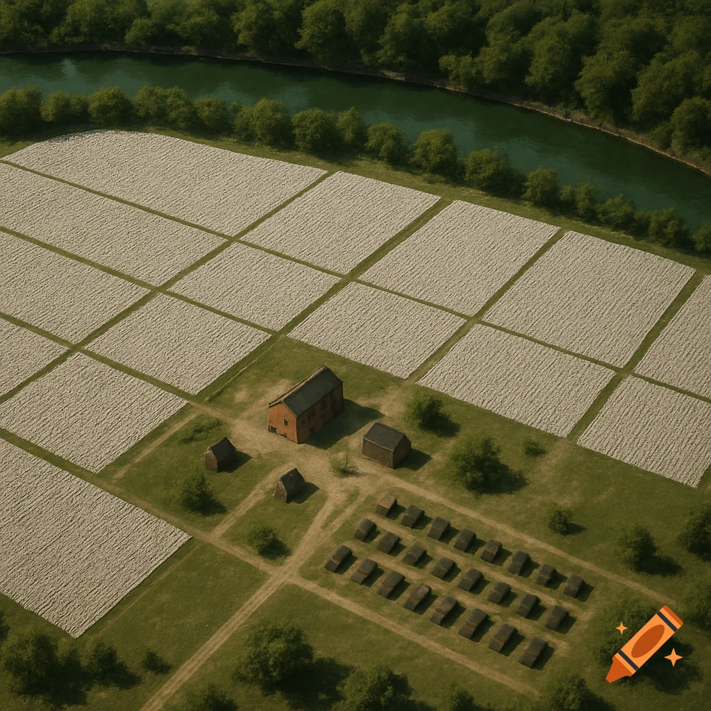 Aerial view of a 19th-century plantation with vast cotton fields, a main house, slave quarters, and a winding river.