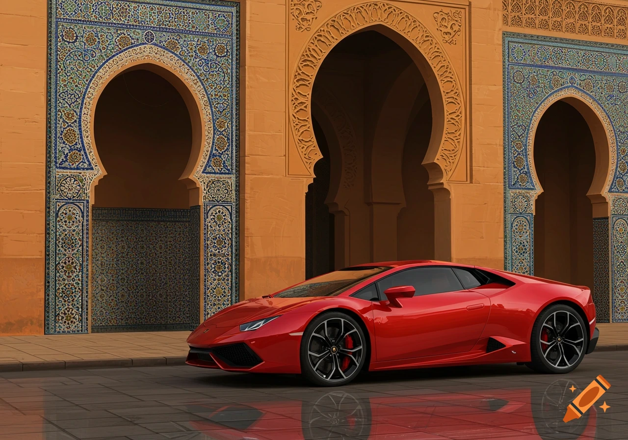 A sleek red Lamborghini sports car parked in front of ornate Moroccan architecture adorned with blue and gold Zellige tiles.