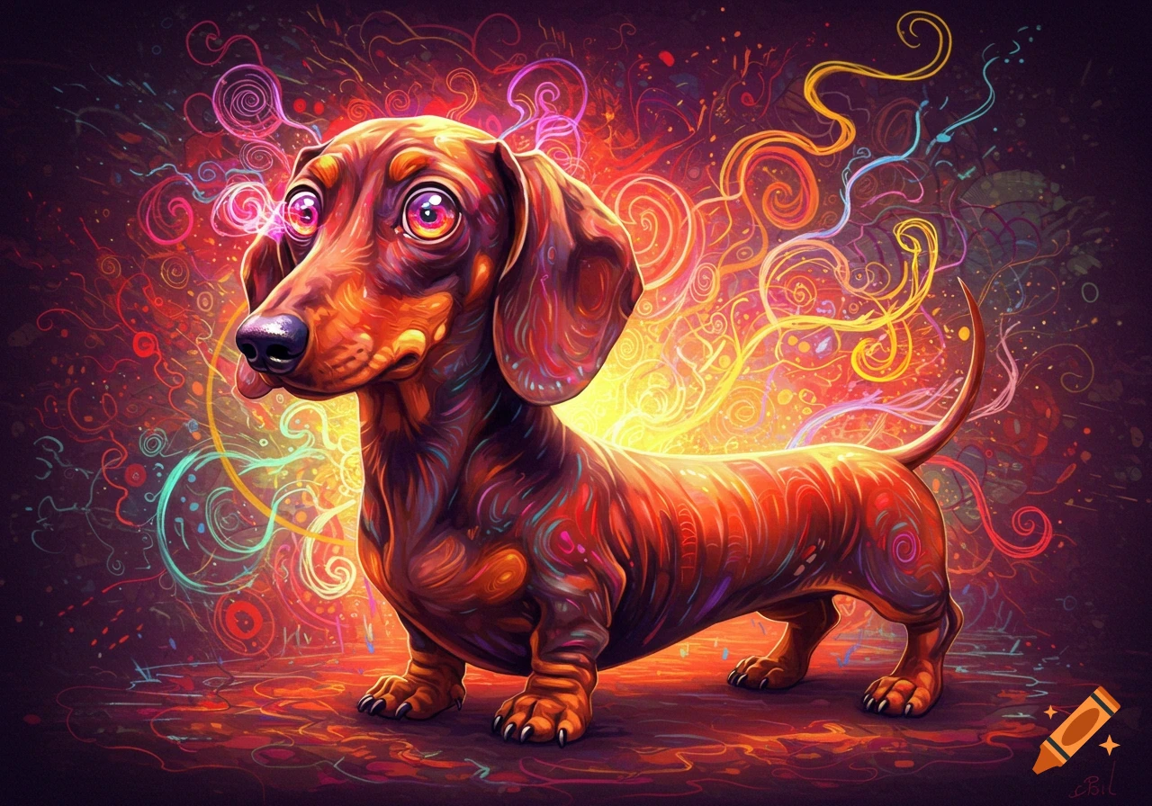 A vibrant, psychedelic dachshund with large, colorful eyes stands against a swirling neon background, rendered in a detailed, illustrative style.