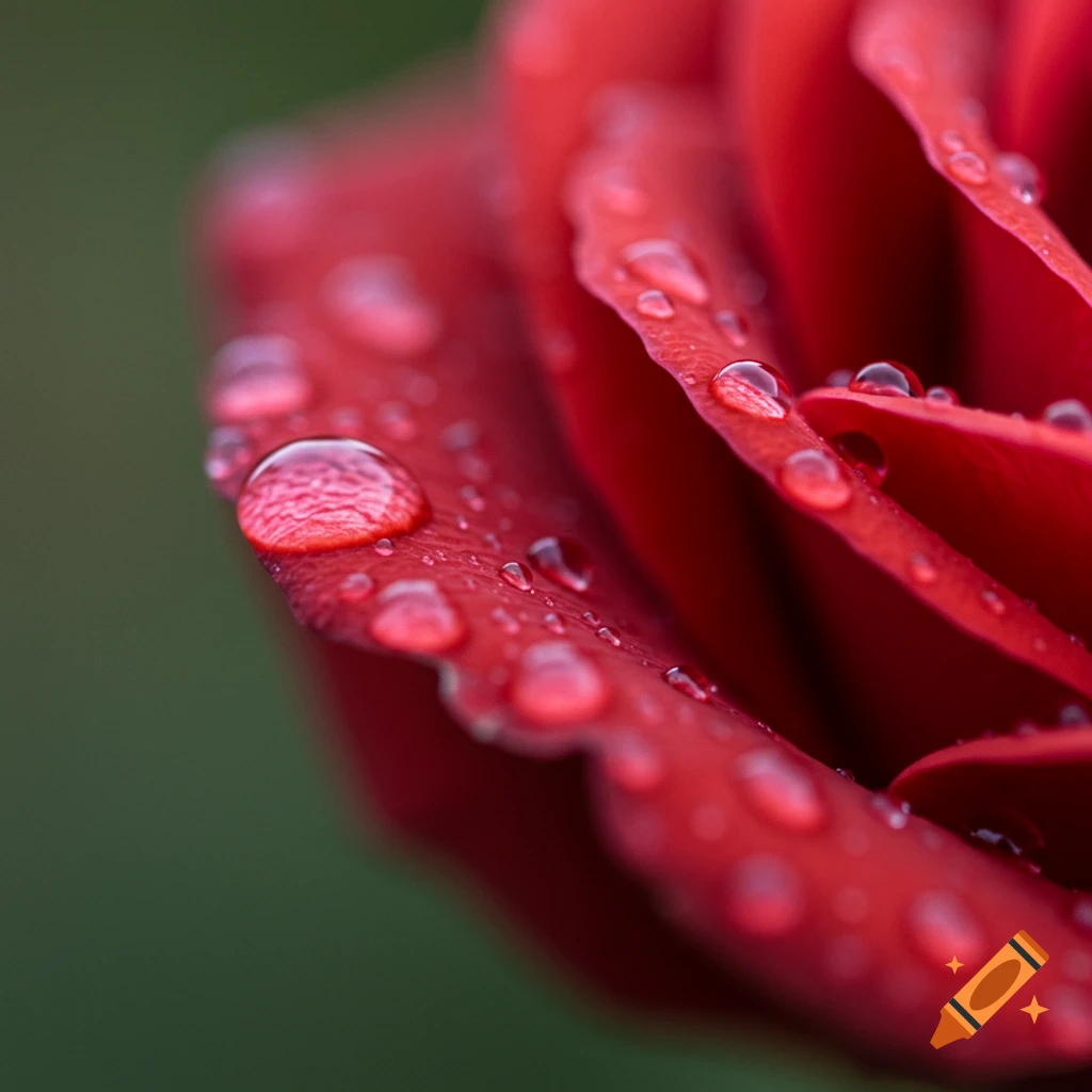 Close-up of a vibrant red rose petal adorned with numerous glistening water droplets, set against a soft green background.