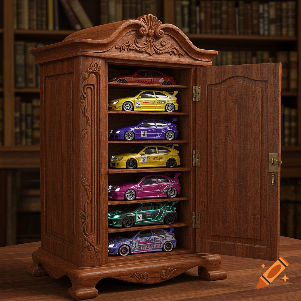 A rustic wooden display cabinet with one door ajar, showcasing six shelves filled with colorful, detailed miniature tuning cars.
