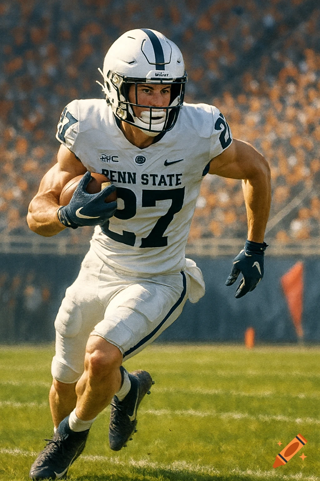 A photorealistic image of a Penn State Nittany Lions football player, number 27, in a white uniform, running with a football on a sunny field.