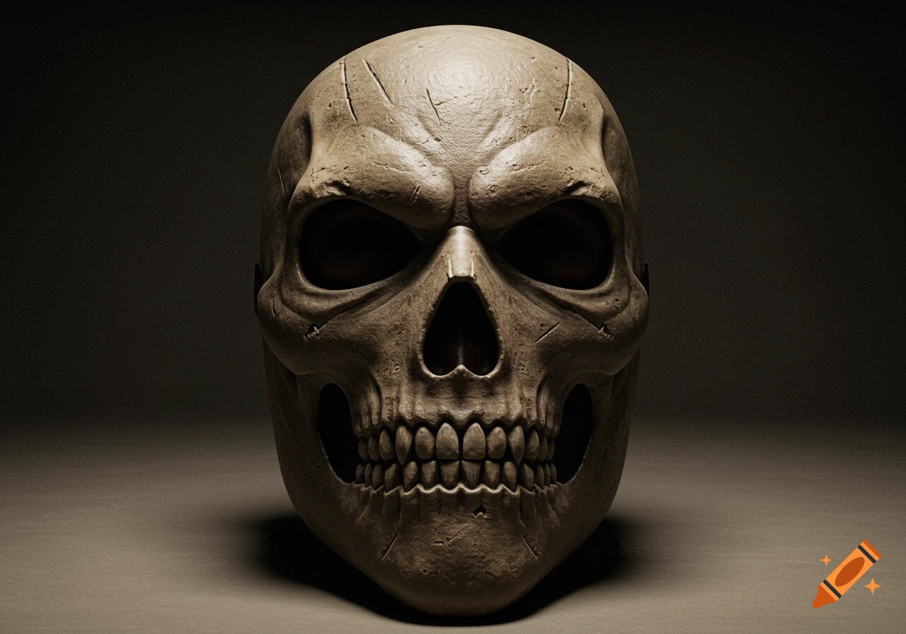 A photorealistic and detailed close-up of a bone-colored skull mask, resembling the character Ghost from Call of Duty, under dramatic lighting.