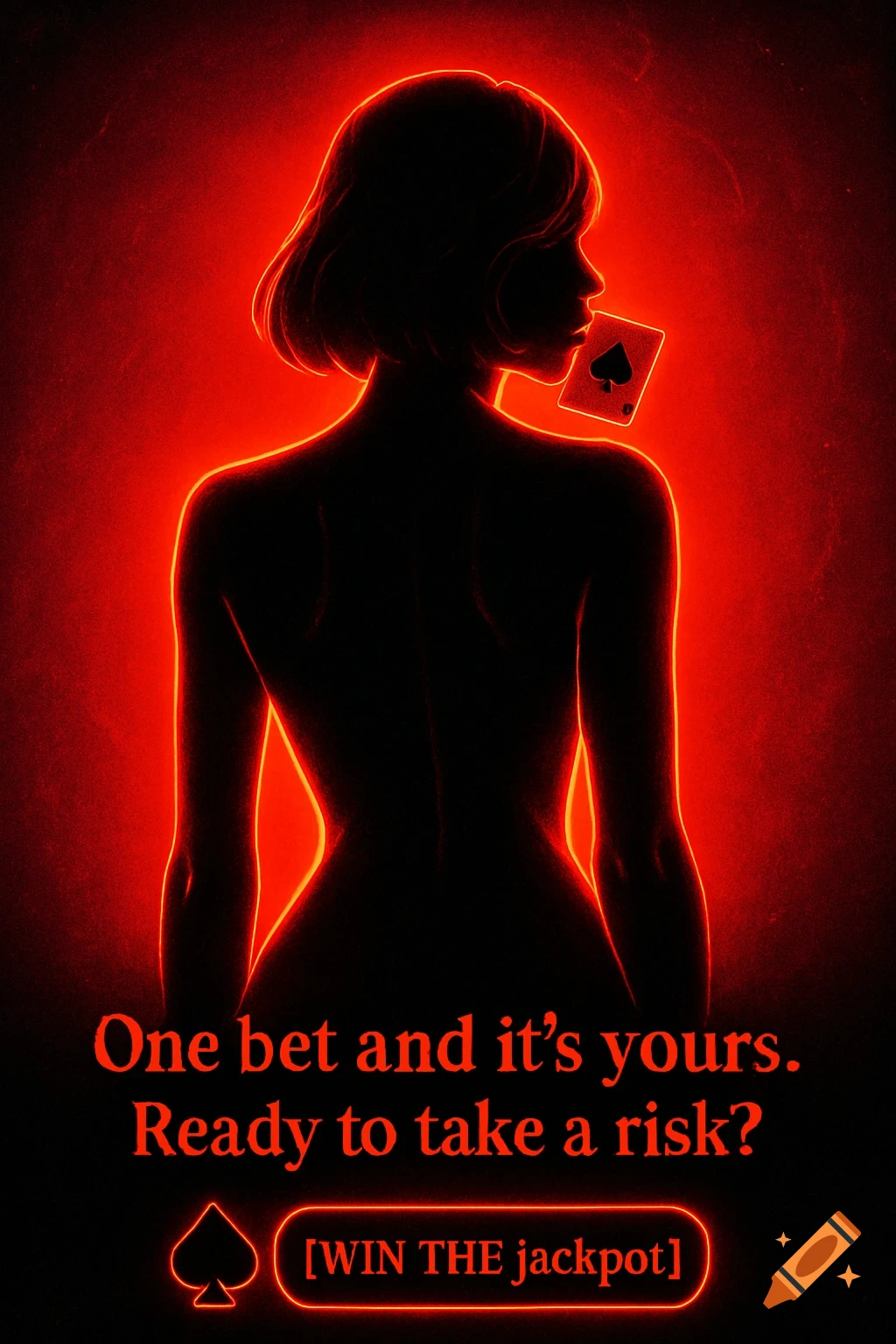 A dark silhouette of a woman's back with a red neon outline, holding an ace of spades card with her lips. Gambling text is overlaid.