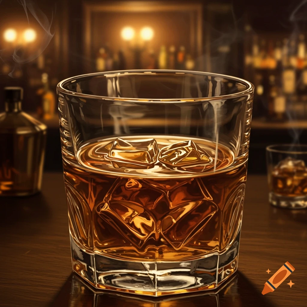 A close-up of a glass of whiskey with ice on a wooden bar counter, with a blurred tavern background featuring bottles and dim lights.