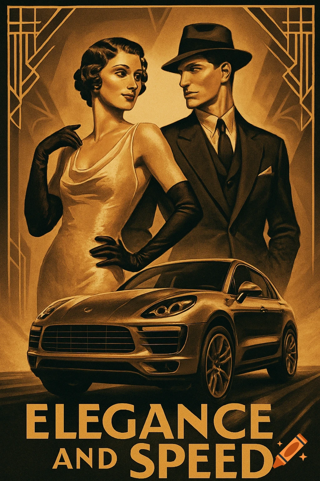Art Deco poster of a man and woman in elegant attire with a Porsche Macan, bearing the text 'Elegance and Speed'.