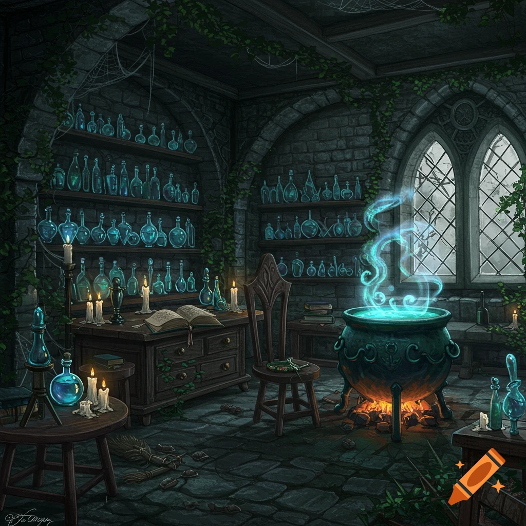 A dark, overgrown stone witch's lair with shelves of glowing blue potion bottles, a bubbling cauldron, and an open spellbook.