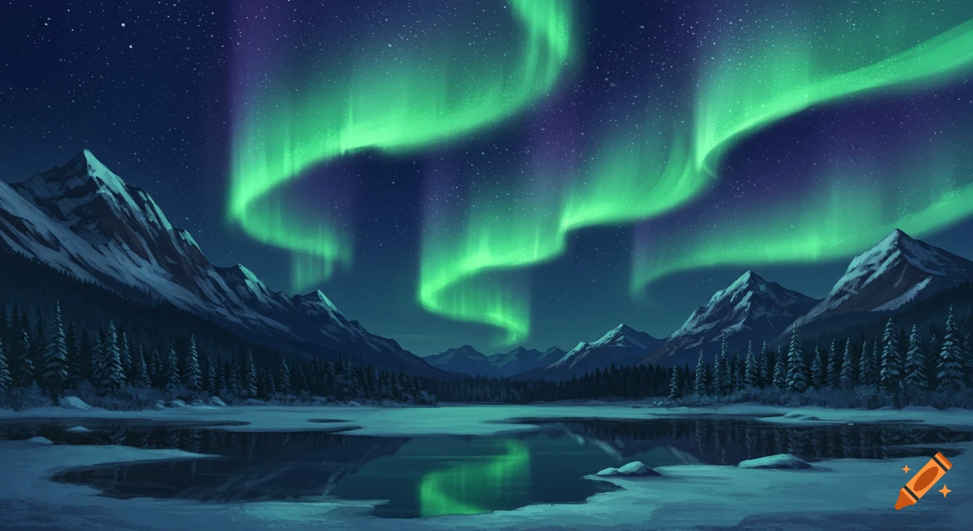 Vibrant green and purple Northern Lights illuminate a starry night sky over snowy mountains, pine trees, and a reflective frozen lake.