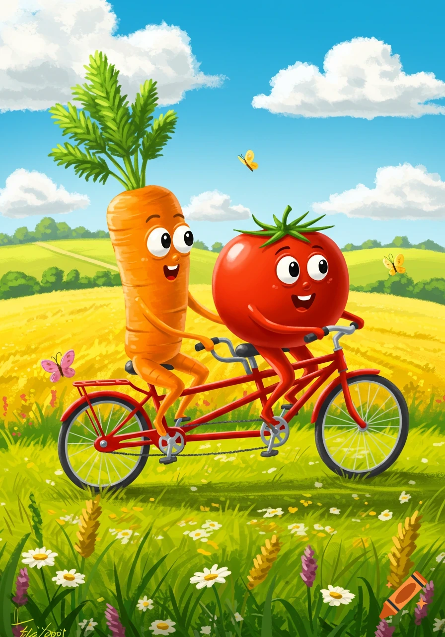 A cheerful cartoon carrot and tomato with faces ride a red tandem bicycle through a sunny field of flowers under a blue sky.