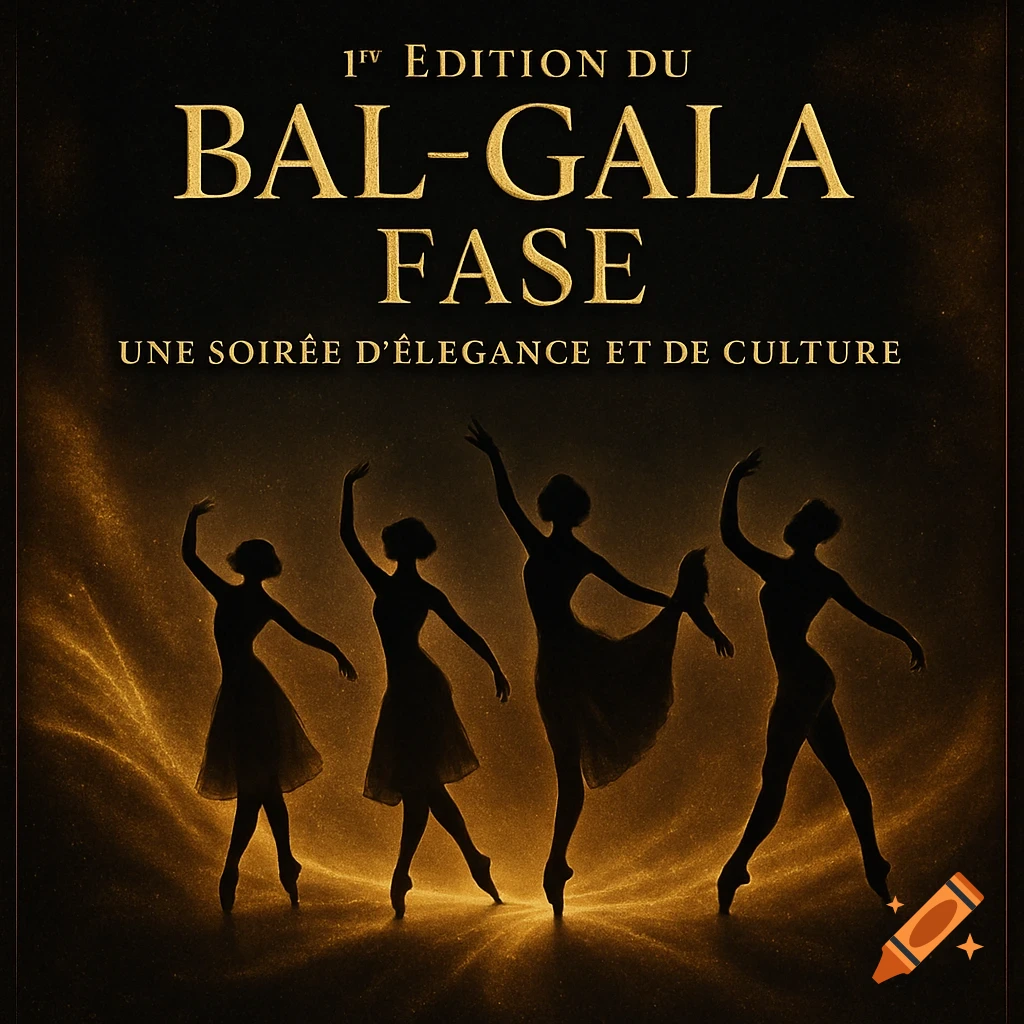 Elegant poster with silhouettes of four ballet dancers in golden light, promoting a 'Bal-Gala FASE' event.