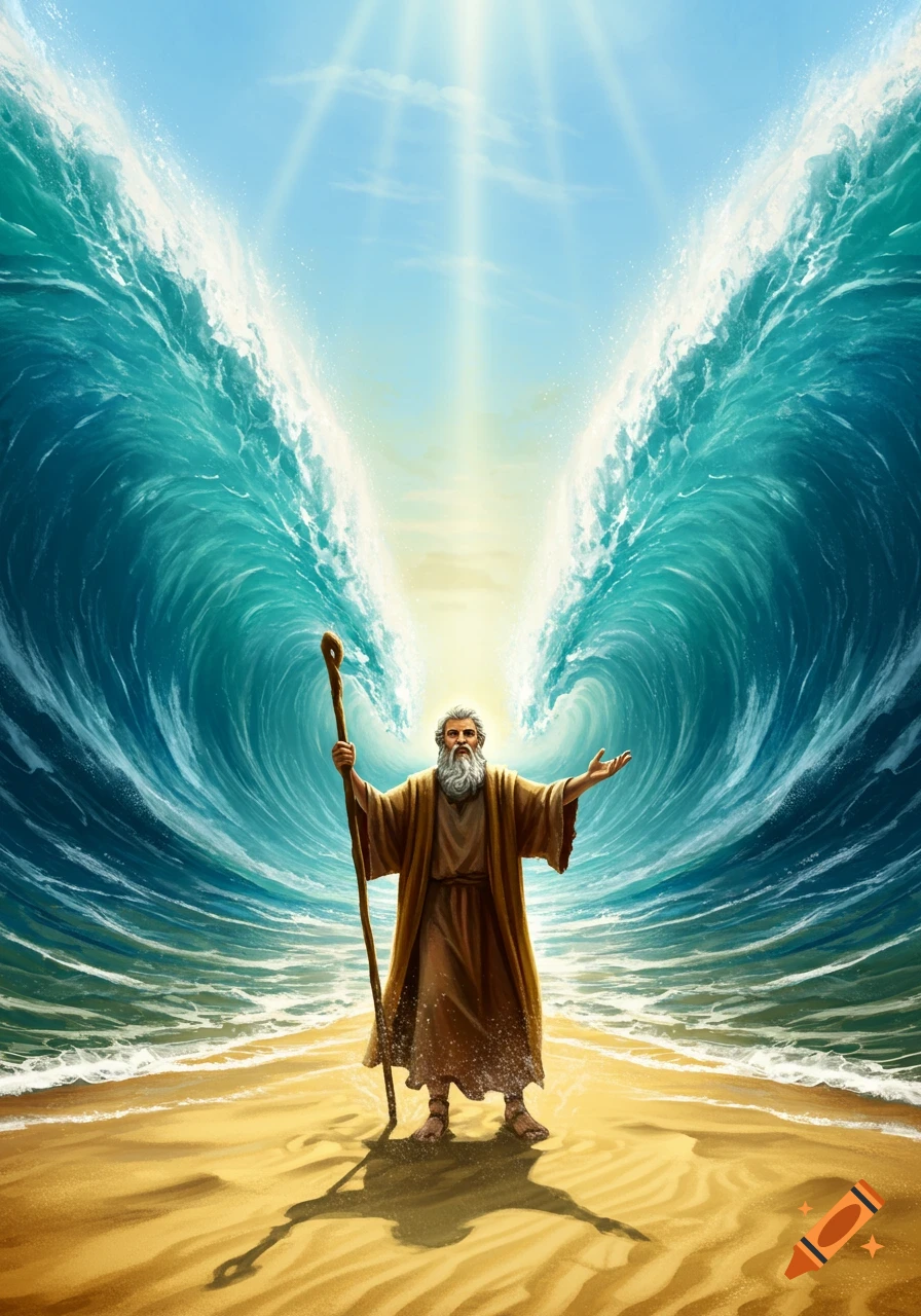 Dramatic illustration of Moses on a sandy path, raising his staff as two towering walls of blue water part, with bright light from the sky.