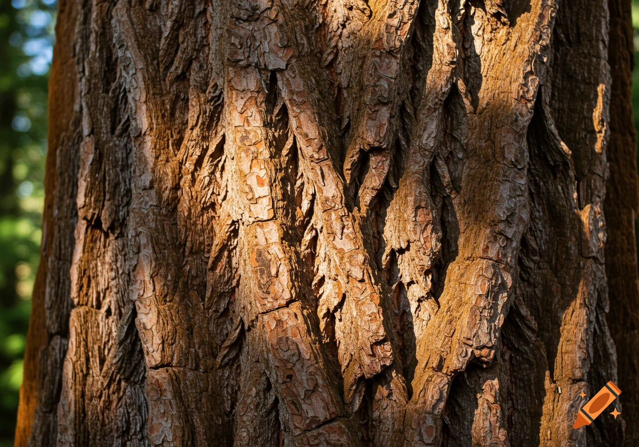 Close-up of rough, textured tree bark with deep furrows, illuminated by warm sunlight and shadow.