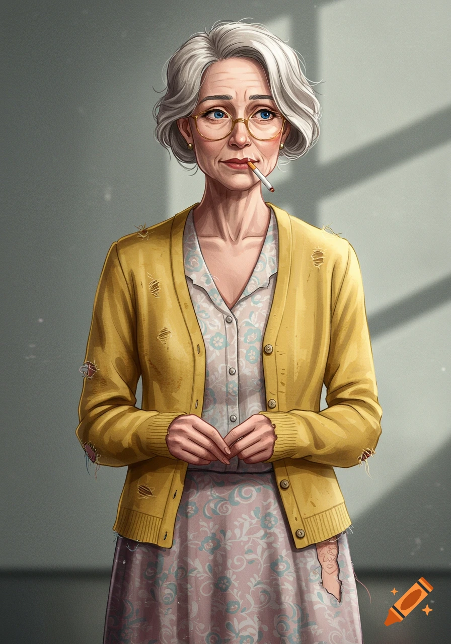 Stylized illustration of an elderly woman with short grey hair and glasses, wearing a ripped yellow cardigan and a patterned dress, holding a cigarette in her mouth.